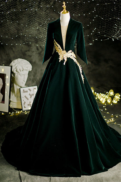 Velvet A-Line V-Neck Half Sleeves Appliques Formal Prom Dress