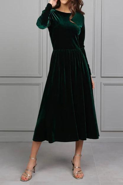 Dark Green Scoop Long Sleeves A-Line Velvet Dress