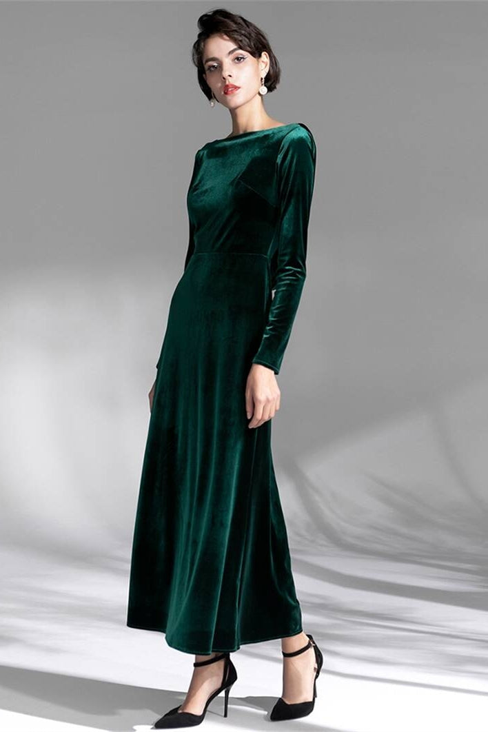 Dark Green Velvet Dress with Long Sleeves