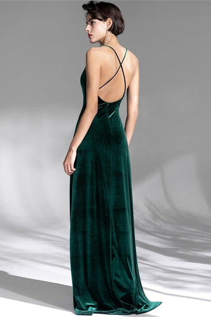 V-Neck Spaghetti Straps Velvet Backless Party Prom Dress