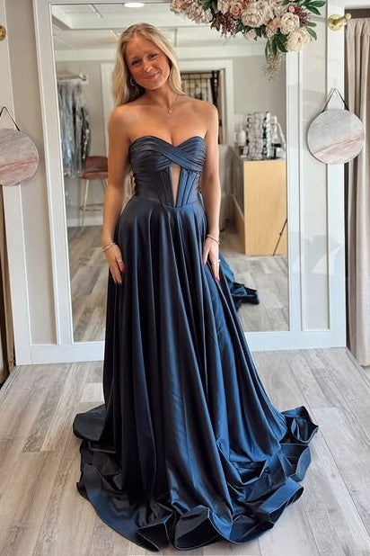Dark Navy Sweetheart Strapless Satin A-Line Empire Party Prom Dress