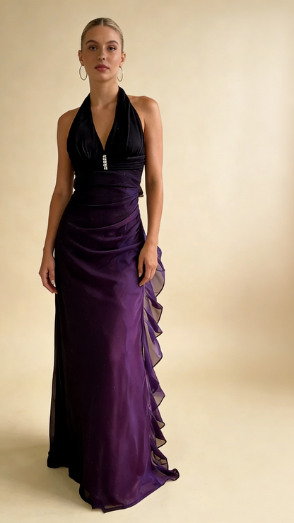 Dark Blue Halter Sheath Chiffon Long Party Dress Vintage Evening Dress, D697