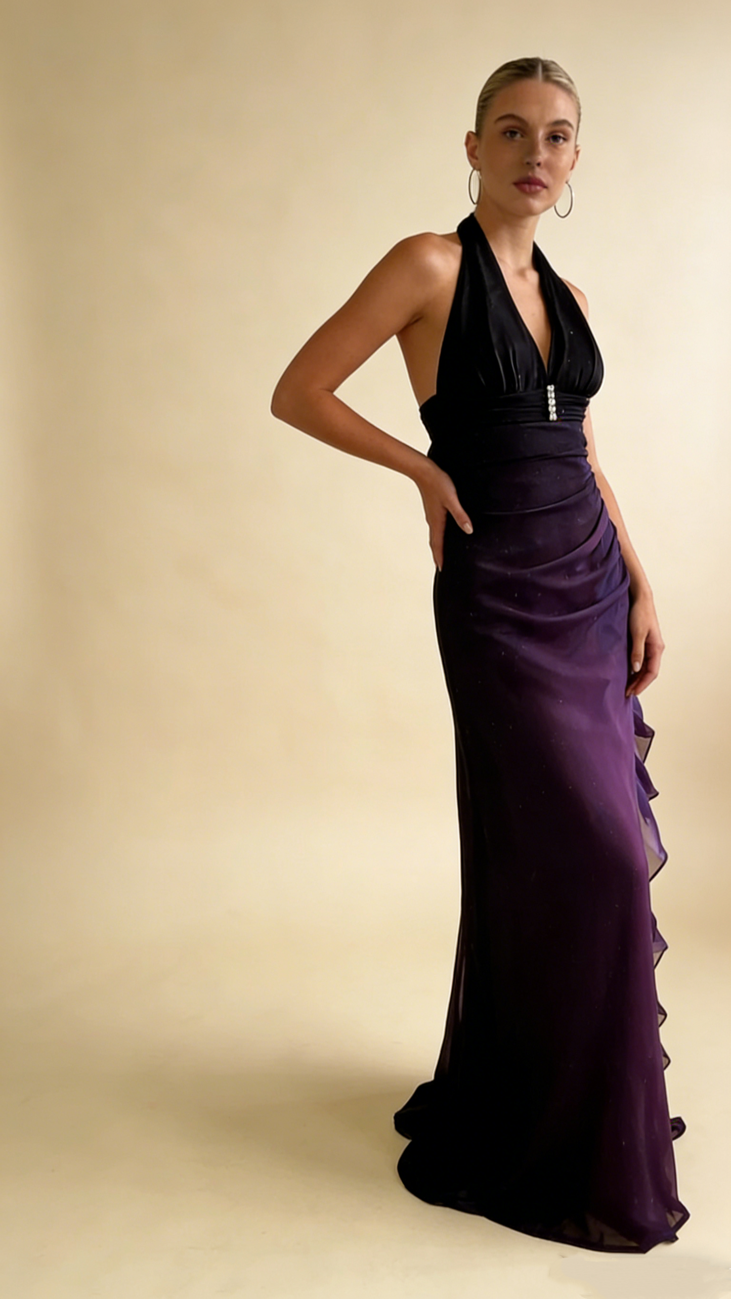 Dark Blue Halter Sheath Chiffon Long Party Dress Vintage Evening Dress, D697