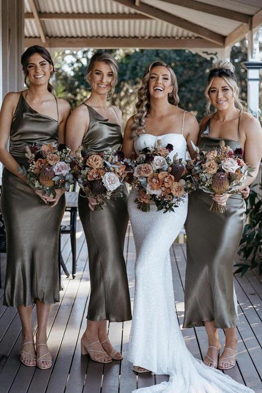 Different Straps Sleeveless Satin Bridesmaid Dress