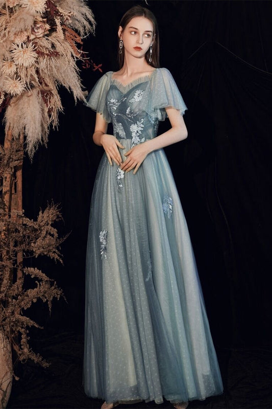 Bell Sleeves Tulle A-Line Appliques Empire Party Prom Dress