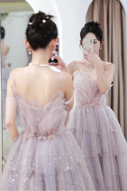 Pink Deep V Neck Straps Beaded Appliques Multi-Layers Maxi Formal Dress