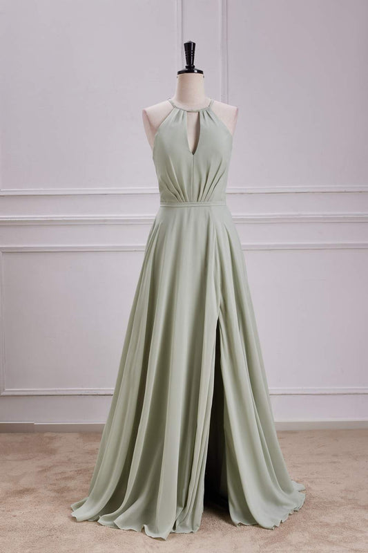Dusty Sage Halter Keyhole A-line Long Bridesmaid Dress with Slit