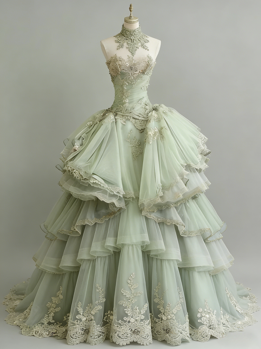 Gorgeous Long Green Prom Dresses Strapless A-Line Evening Dress Tulle Appliques Sleeveless Sweet 16 Dress E06737