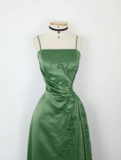 Retro A Line Spaghetti Strap Green Beaded Satin Long Evening Dress Party Dress SH3168