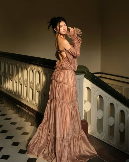 Charming Brown A Line Long Sleeve Satin Long Prom Dress Evening Dress SH2114