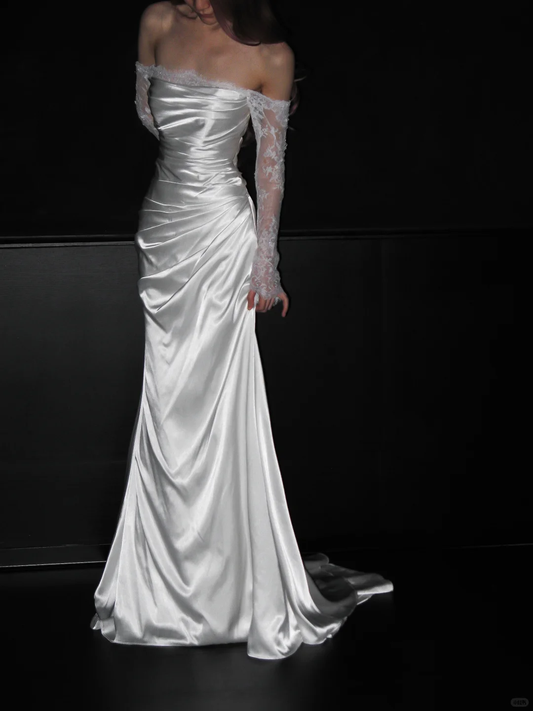 Gentle Mermaid Long Sleeve White Lace Satin Long Wedding Dress SH4714
