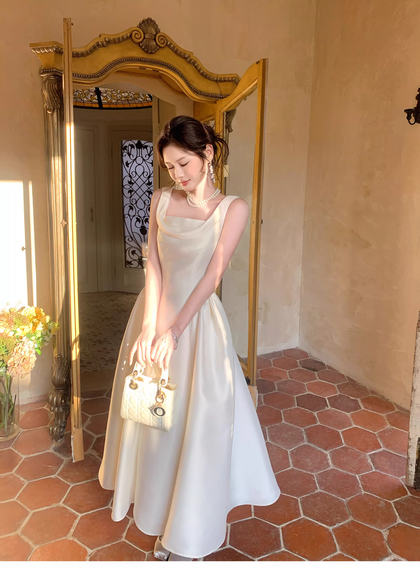 Elegant White Sleeveless Satin A Line Long Wedding Guest Dress Formal Birthday Evening Dress SP1641