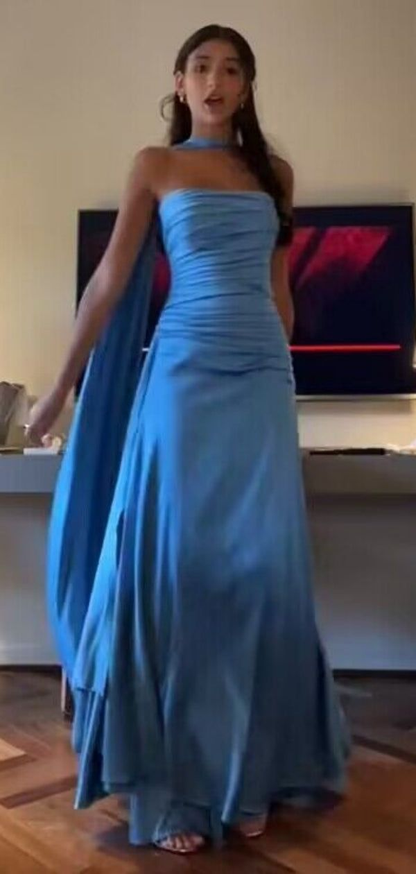 Simple A line Spaghetti Straps Blue Satin Prom Dresses Birthday Outfits P2450
