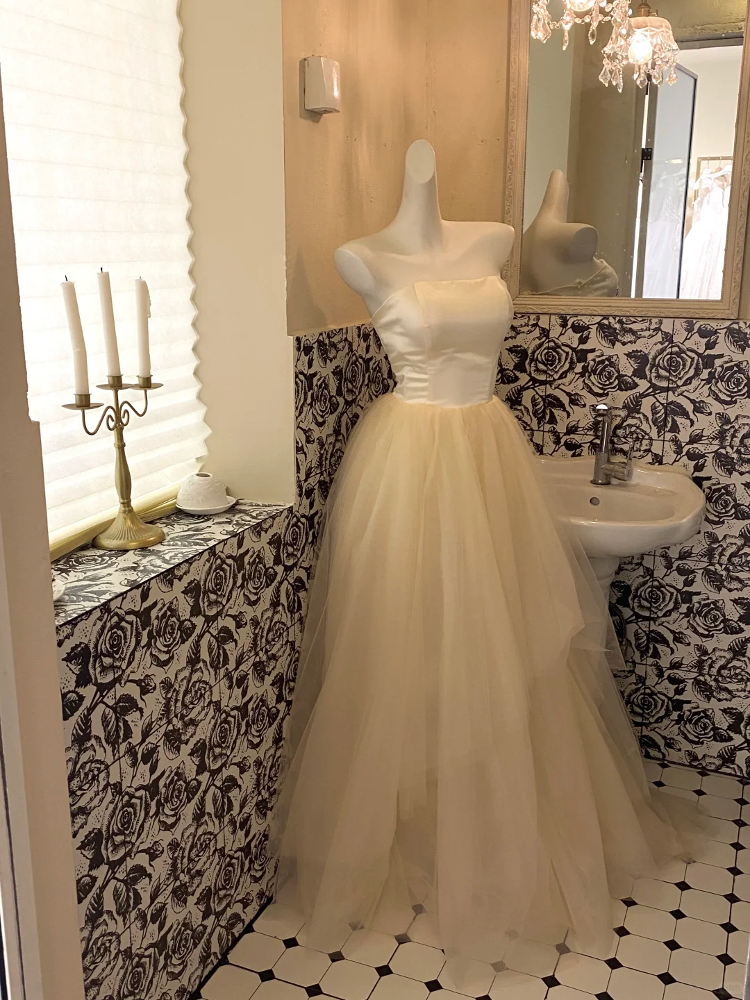 Simple Light Champagne A Line Strapless Satin Tulle Party Dress Prom Dress SH3849