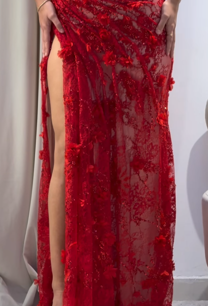 Baby Red Sheath V Neck Beaded 3D Floral Lace Prom Dress Evening Dress SH4544