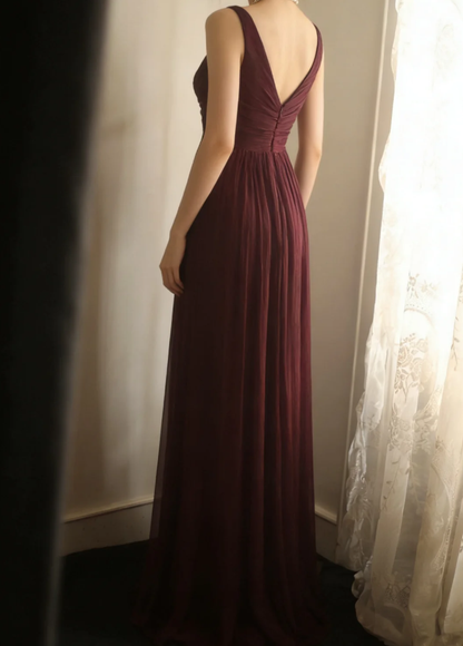 Retro Dark Purple V Neck Chiffon Long Prom Dress Evening Gown D2315