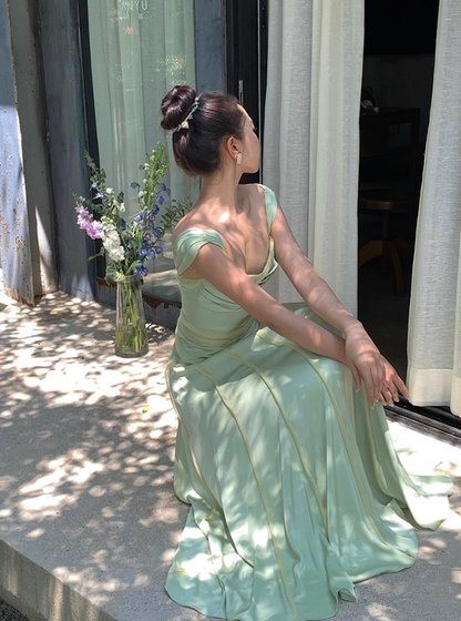 Elegant Green A Line Spaghetti Strap Chiffon Long Prom Dress Party Dress SH4036