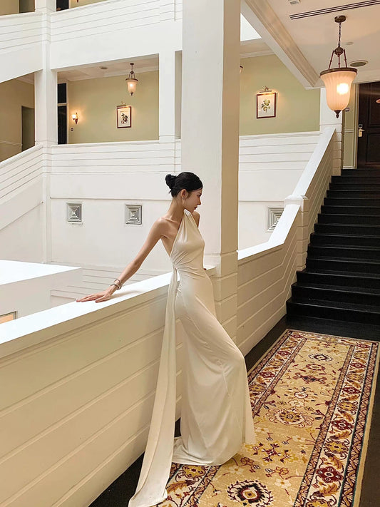 Mermaid One Shoulder Floor-length Sleeveless White Long Prom Dresses SD2003