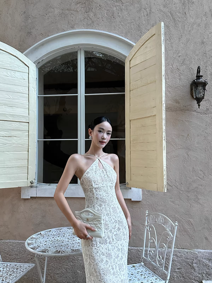 Glamorous Beige Sleeveless Lace Mermaid Slit Long Evening Dress Formal Birthday Party Gown D2086