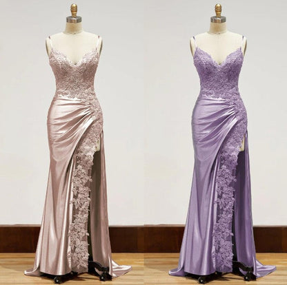 Black Spaghetti Straps Evening Dresses Satin Sheath Long Prom Dresses with Slits HZ1024