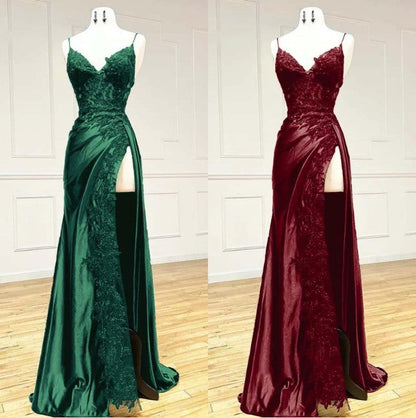Black Spaghetti Straps Evening Dresses Satin Sheath Long Prom Dresses with Slits HZ1024