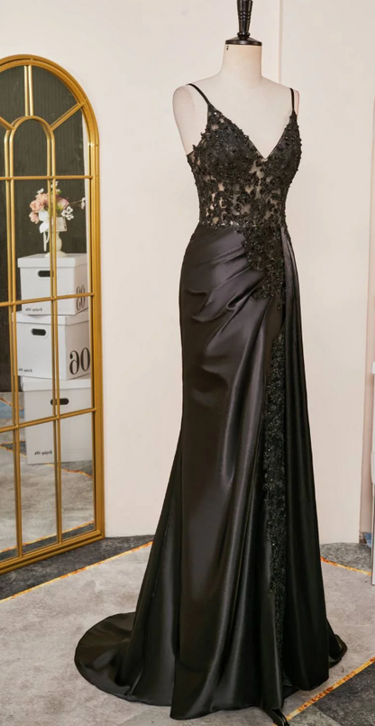 Black Spaghetti Straps Evening Dresses Satin Sheath Long Prom Dresses with Slits HZ1024