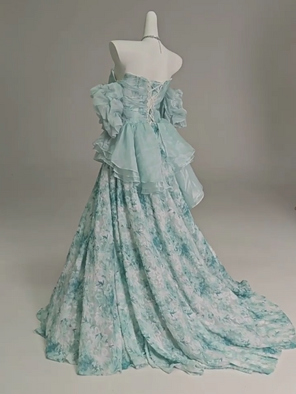 Blue Floral A-Line Strapless Organza Long Prom Dress Graduation Prom Dress ED01628