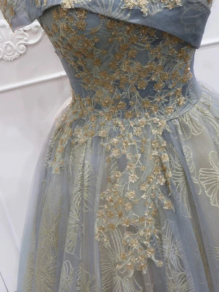 A-Line Tulle Lace Off Shoulder Gray Long Prom Dress ED002