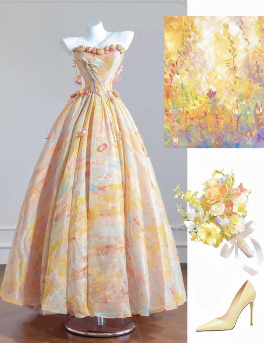 Butter Yellow Strapless Satin A-Line Long Prom Dresses Unique Wedding Dresses HZ1024