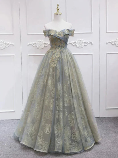 A-Line Tulle Lace Off Shoulder Gray Long Prom Dress ED002