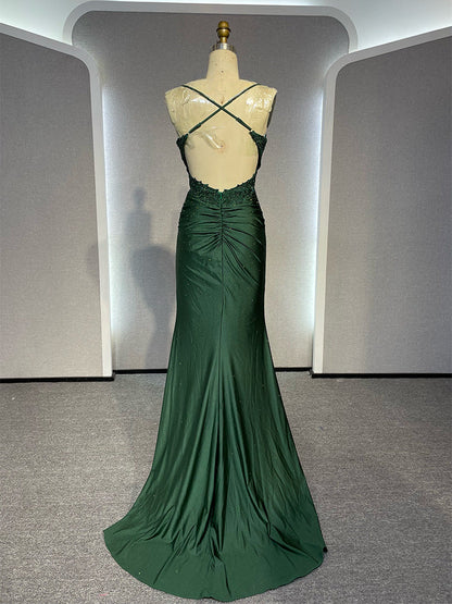 Simple Backless Mermaid Lace Green Long Prom Dress, Green Formal Elegant Evening Dress Wedding Guest Dress ED003