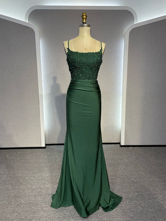 Simple Backless Mermaid Lace Green Long Prom Dress, Green Formal Elegant Evening Dress Wedding Guest Dress ED003