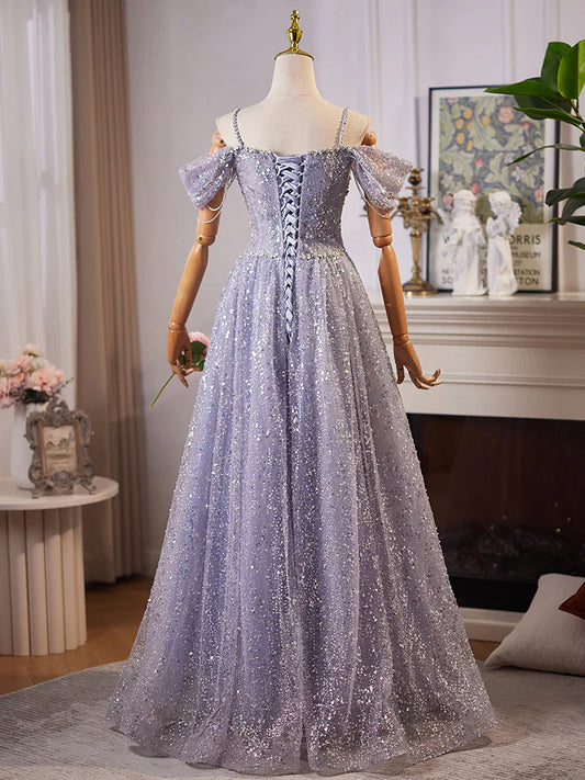 A-Line Sweetheart Neck Off Shoulder Tulle Sequin Gray Blue Long Prom Dress ED004