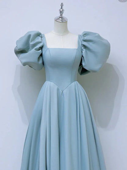 A-Line Square Neckline Satin Blue Long Prom Dressï¼_lue Formal Dress ED007