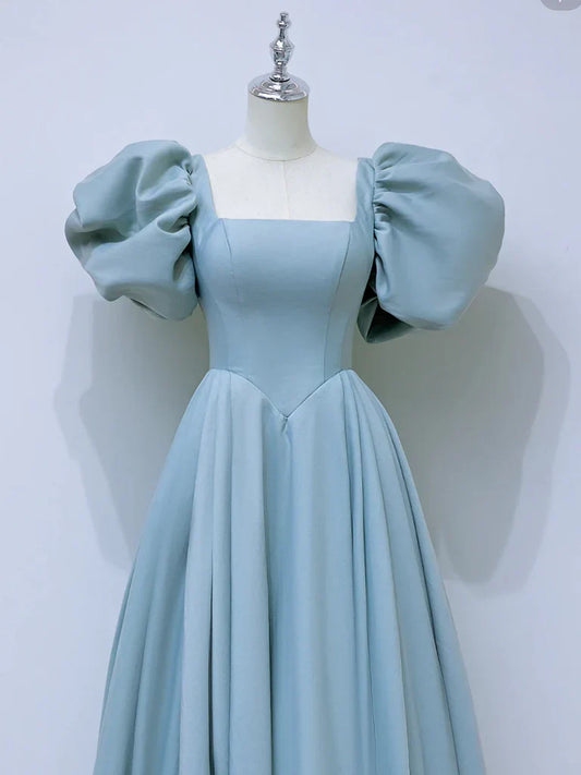 A-Line Square Neckline Satin Blue Long Prom Dressï¼_lue Formal Dress ED007