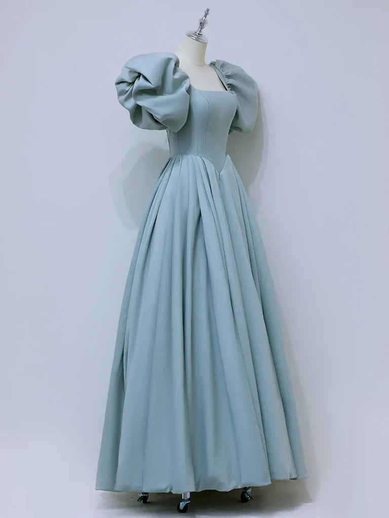 A-Line Square Neckline Satin Blue Long Prom Dressï¼_lue Formal Dress ED007
