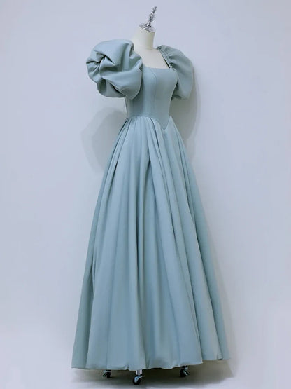 A-Line Square Neckline Satin Blue Long Prom Dressï¼_lue Formal Dress ED007