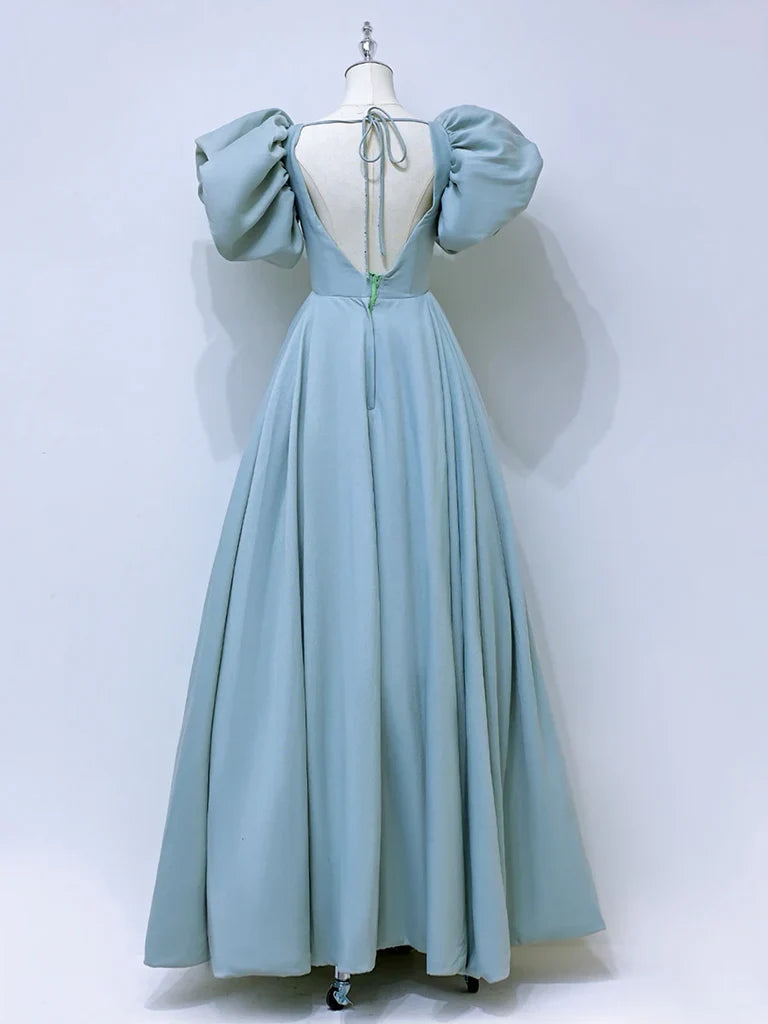 A-Line Square Neckline Satin Blue Long Prom Dressï¼_lue Formal Dress ED007