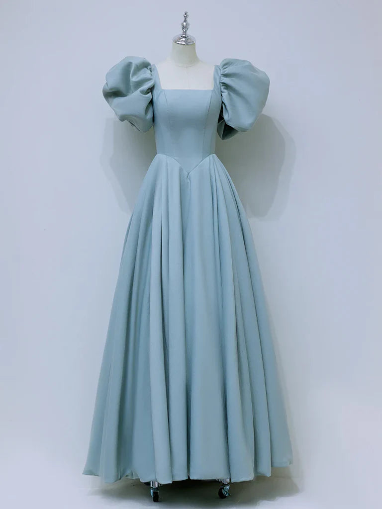 A-Line Square Neckline Satin Blue Long Prom Dressï¼_lue Formal Dress ED007