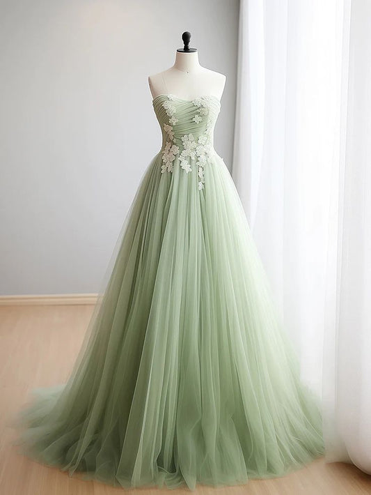 A-line sweetheart neck tulle lace applique long prom dress, formal evening dress HZ1024