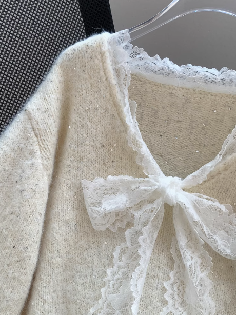 and sweet lace bow sequined V-neck sweater HZ1024