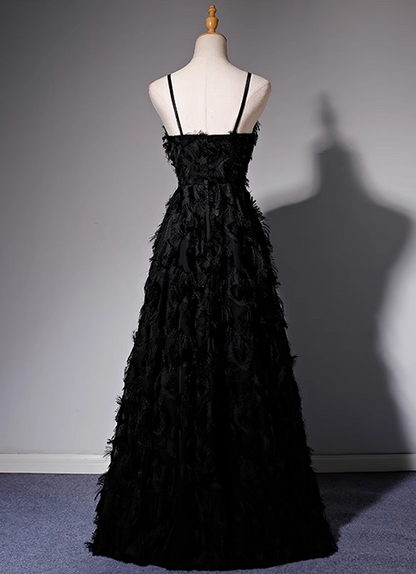 A-line V-neck satin long prom dress, black evening dress HZ1024
