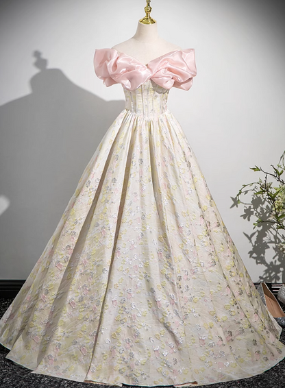 A-line off-the-shoulder neck satin long ball dress, champagne evening dress HZ1024