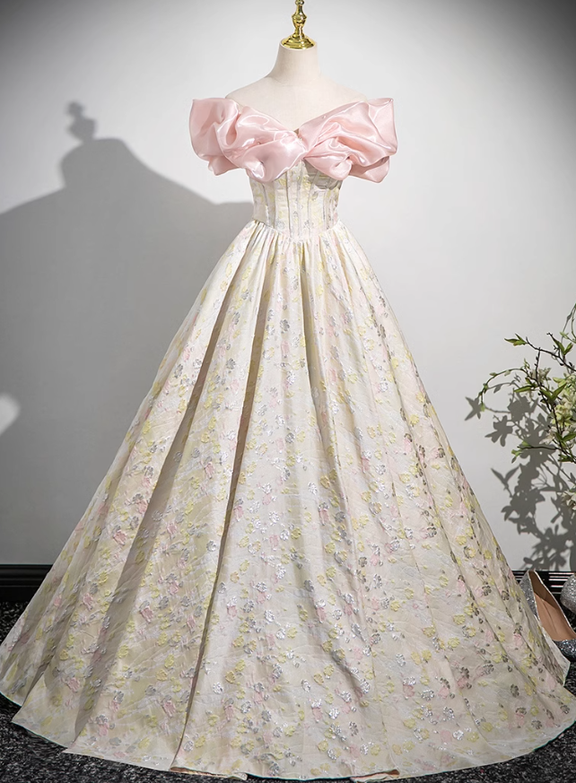 Champagne A-line off-the-shoulder neck satin long ball dress, champagne evening dress  ED01030