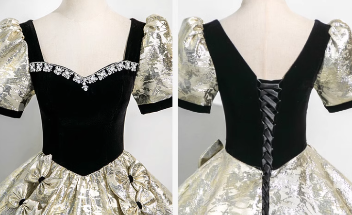 A-line square neck satin velvet long prom dress, black evening dress HZ1024