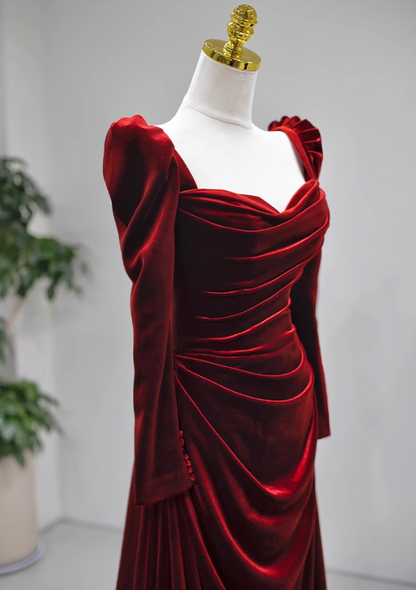 A-line square neck velvet long sleeves long prom dress, Burgundy evening dress HZ1024