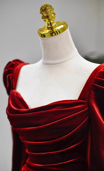 A-line square neck velvet long sleeves long prom dress, Burgundy evening dress HZ1024