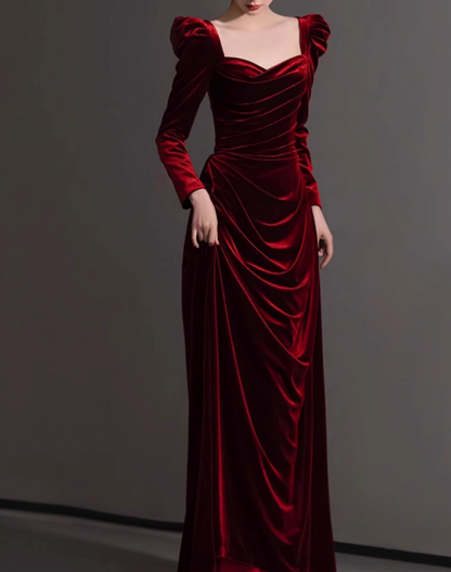 A-line square neck velvet long sleeves long prom dress, Burgundy evening dress HZ1024