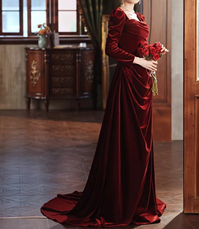 Burgundy A-line square neck velvet long sleeves long prom dress, Burgundy evening dress  ED01032