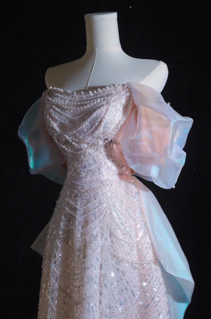 Soft Pink A-line off-shoulder tulle sequins beaded long prom dress, pink evening dress  ED01033